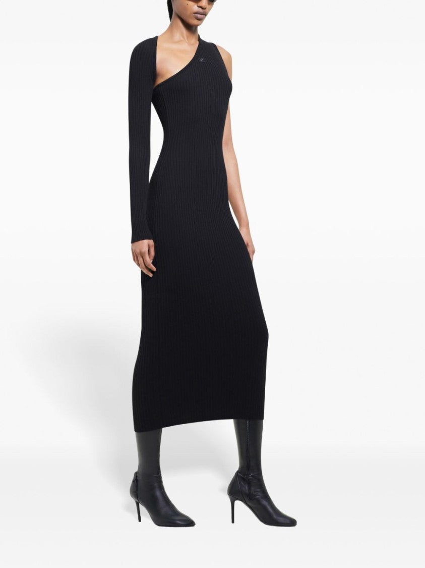 Courrèges Asymmetric Black Ribbed Midi Dress