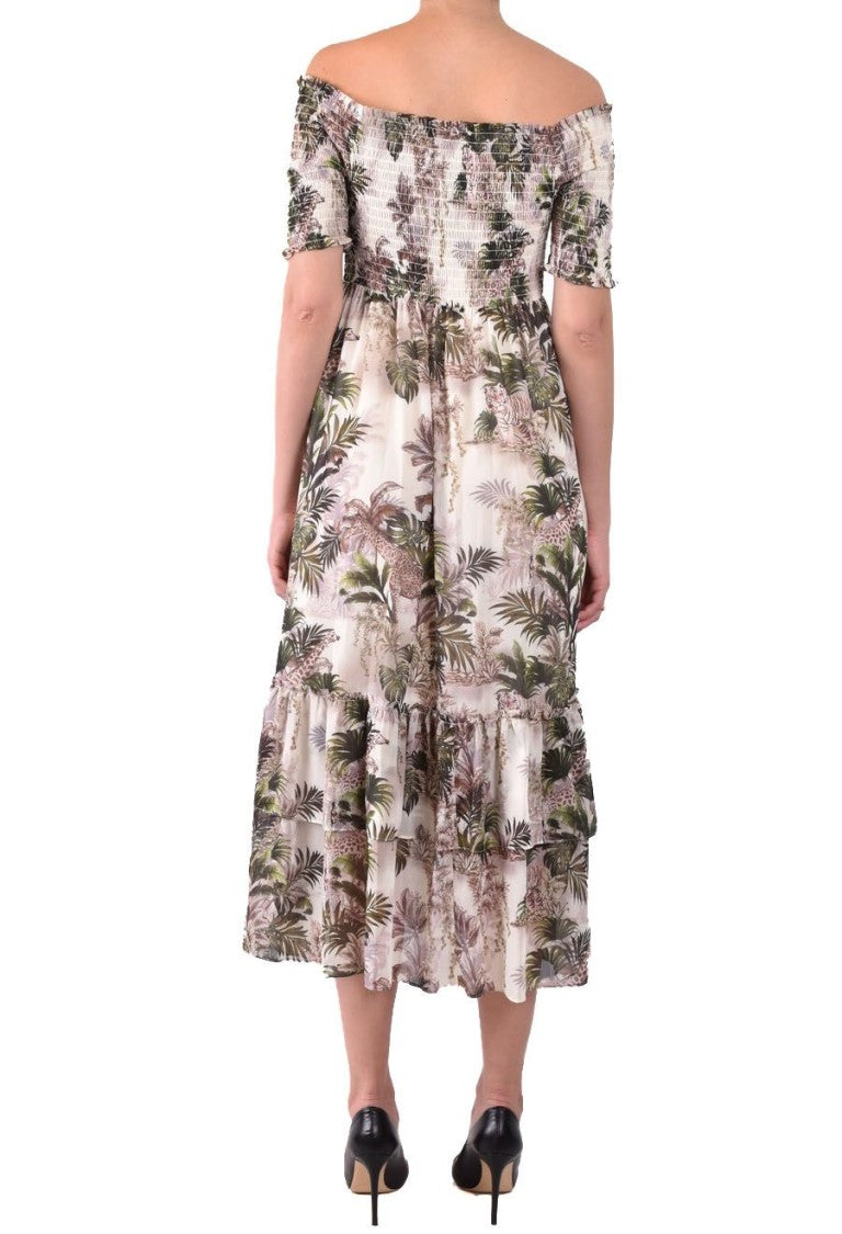 L'agence Off-Shoulder Midi Dress Tropical Leaf Ruffle