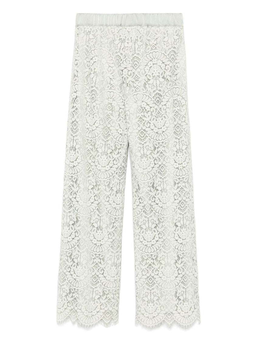 Dexterior Cropped Green Pants With Floral Lace Design