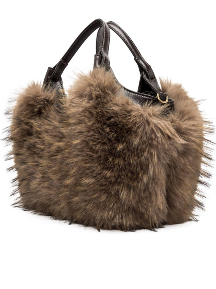 Gianni Chiarini Plush Brown Fur Shoulder Bag With Leather Accents