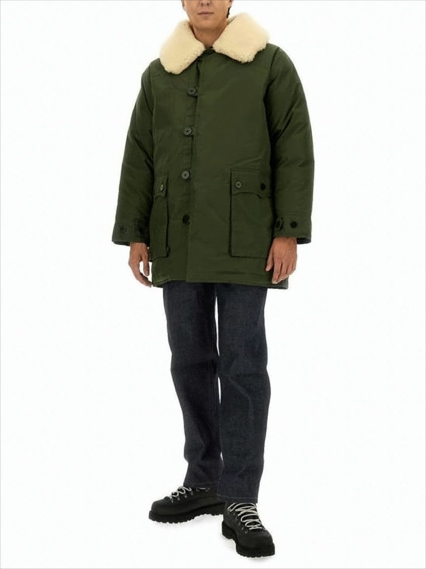 Nigel Cabourn Olive Green Cotton Jacket With Shearling Collar And Goose Down Insulation