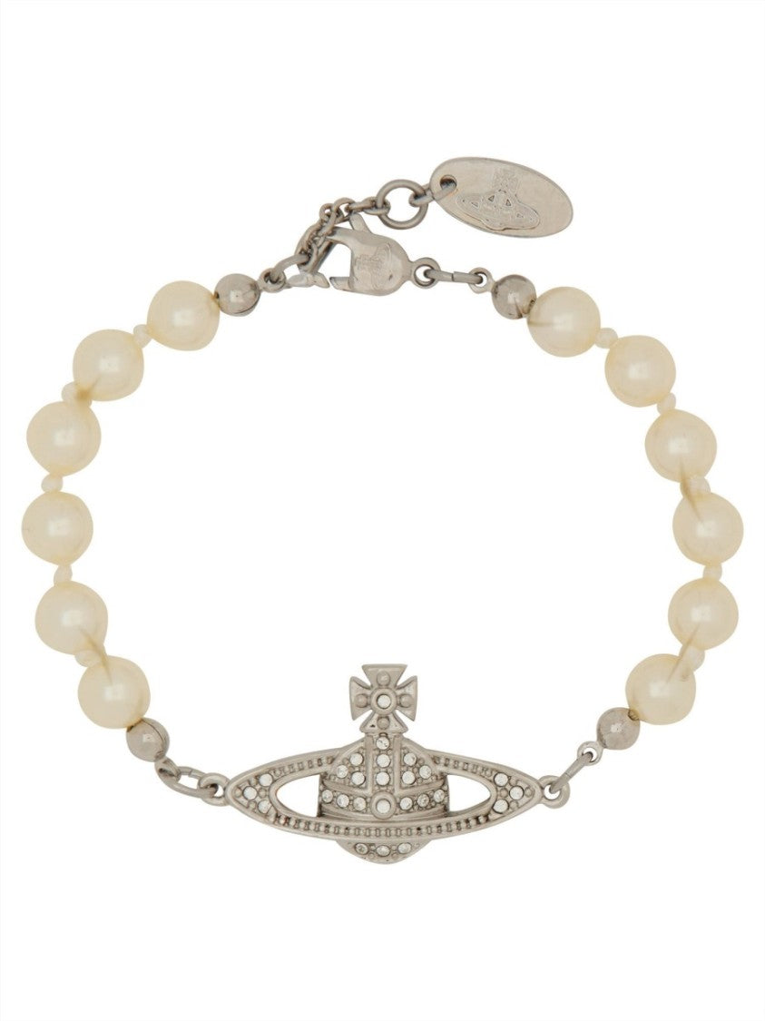 Vivienne Westwood Mini Bas Relief Linked Pearl Beads Brass Bracelet