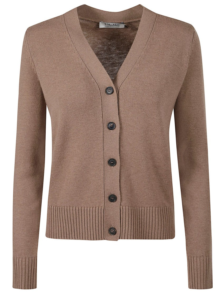 Max Mara Camel V-Neck Cardigan Sweater With Button-Down Front