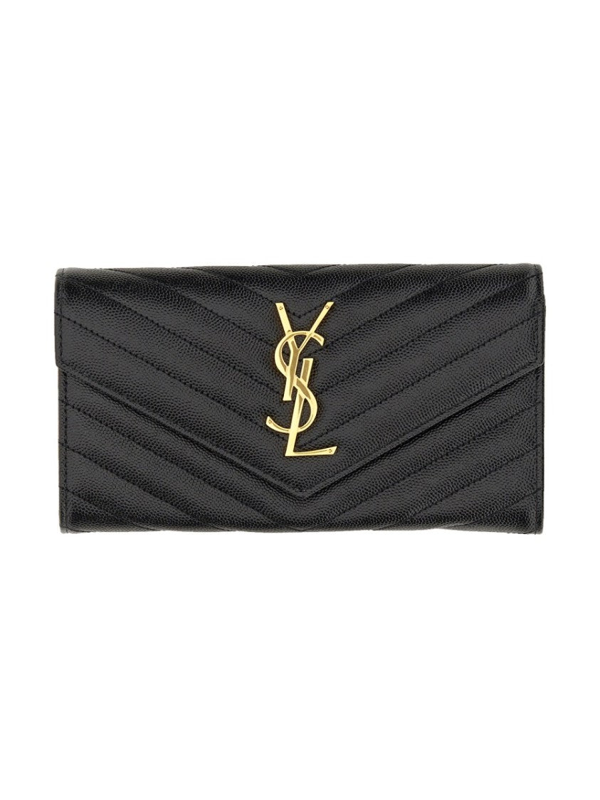 Saint Laurent Chevron Quilted Wallet With Prominent Monogram Logo