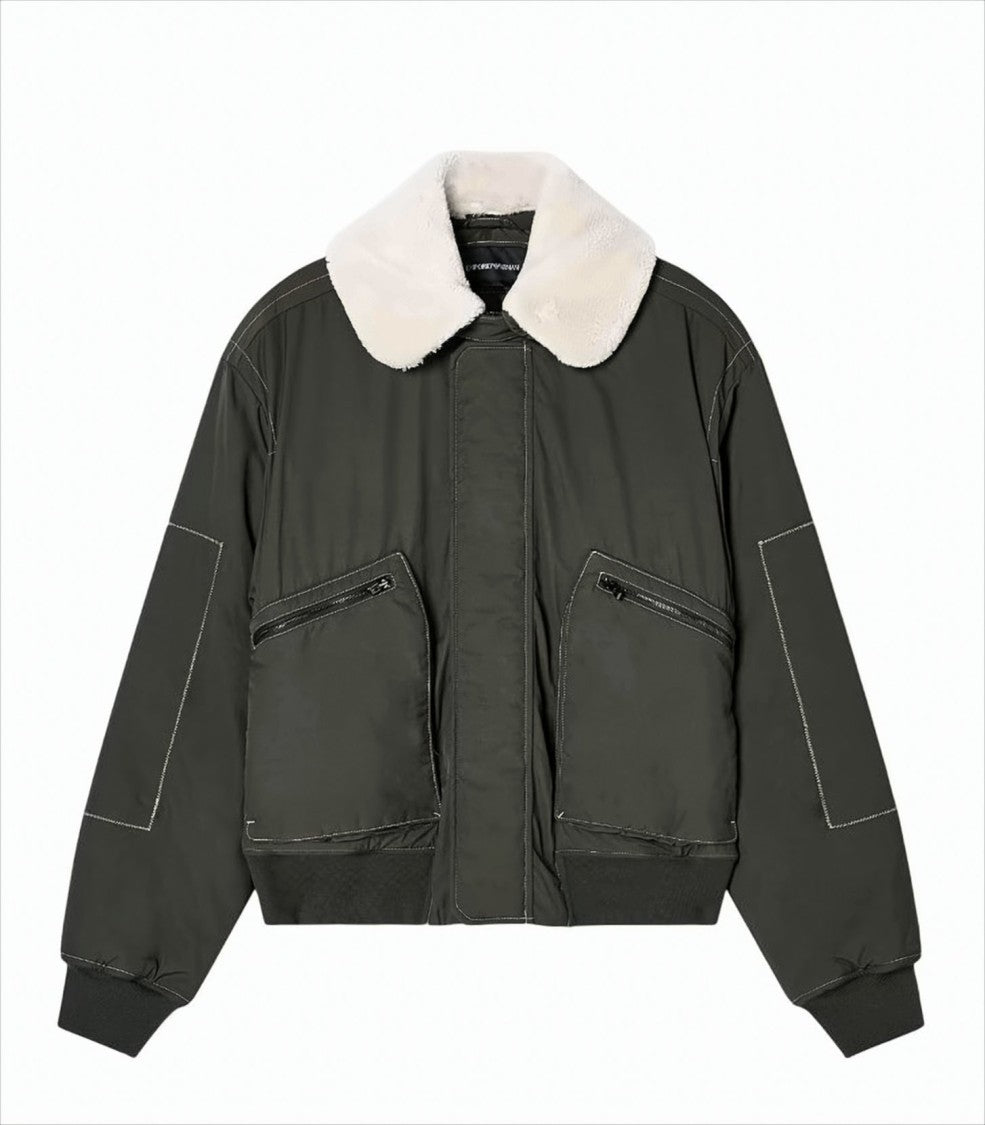 Emporio Armani Nylon Twill Bomber Jacket With Shearling-Effect Collar