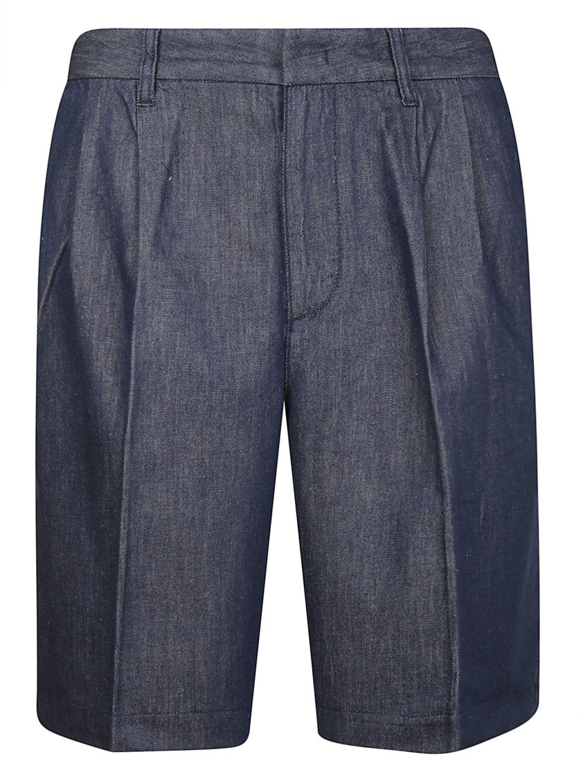 Emporio Armani Blue Pleated Cotton-Lyocell Denim Shorts