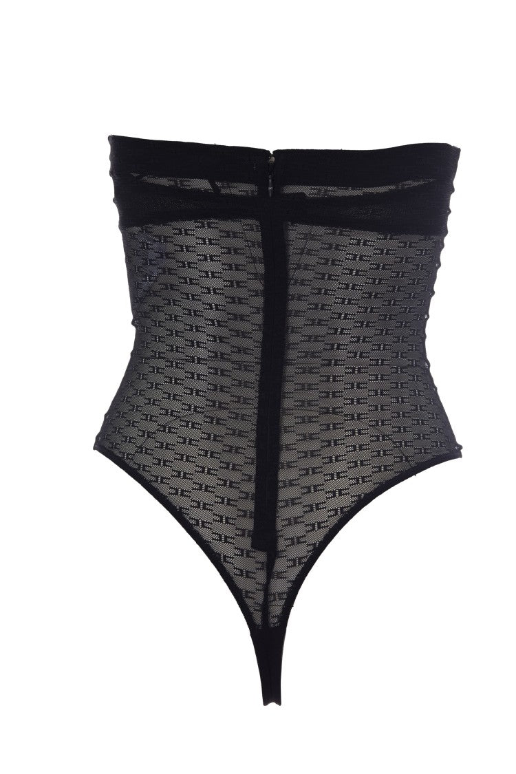 Elisabetta Franchi Body Tulle Jacquard With Satin-Covered Cups And Gold Logo Detail