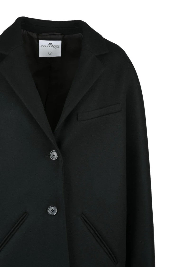 Courrèges Wool Coat Button Detail - Black