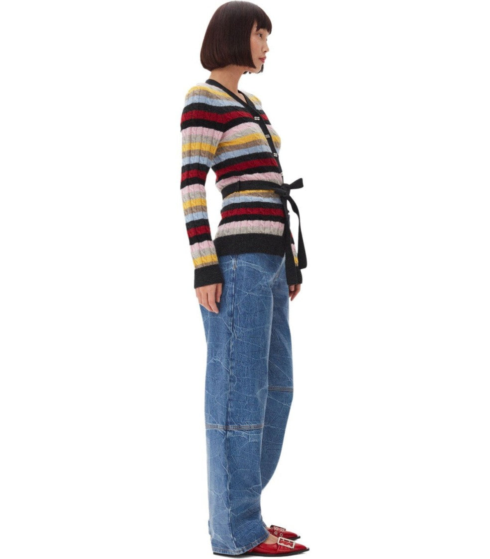 Ganni Multicolor Striped Cardigan With Belt