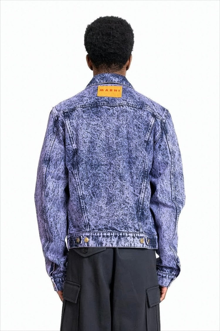 Marni Textured Acid-Wash Denim Jacket With Classic Collar And Adjustable Tabs