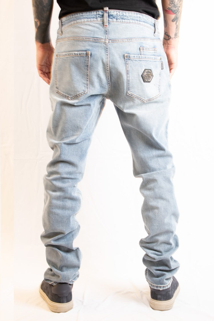 Philipp Plein Light Blue Slim Tapered Light Wash Cotton-Blend Jeans