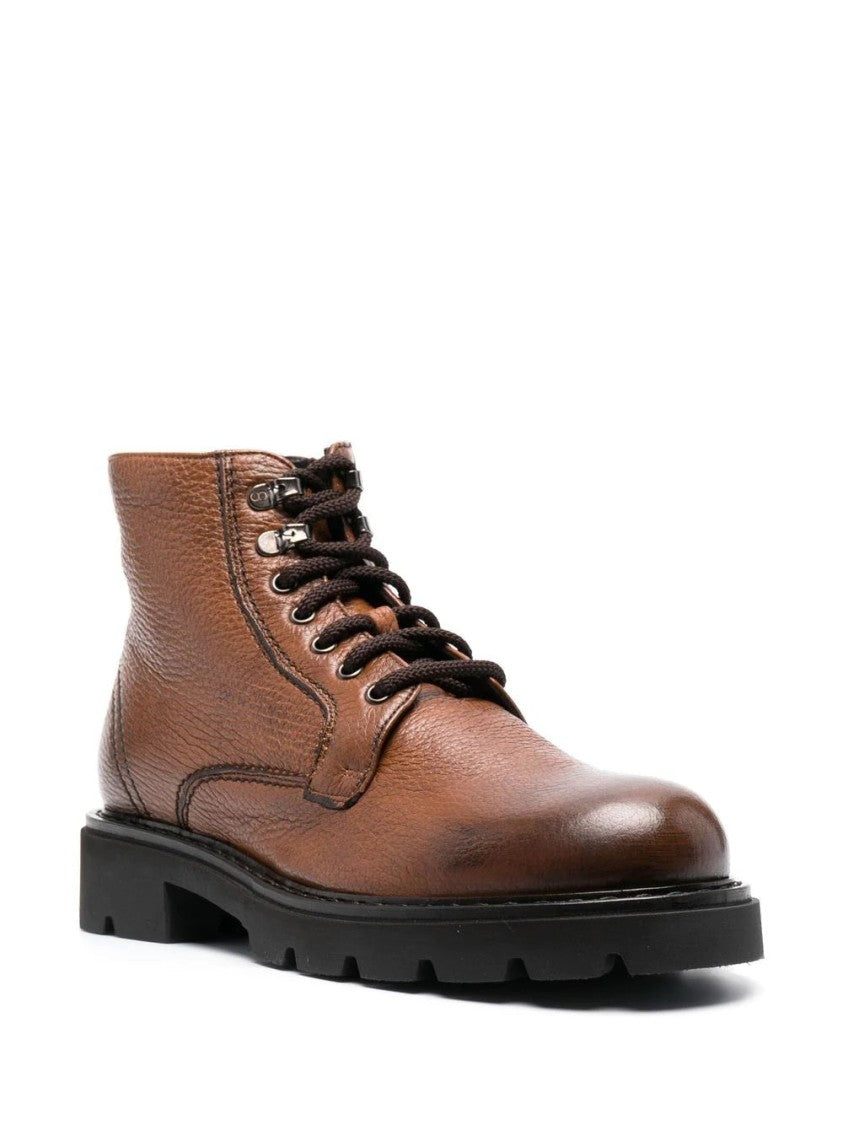 Casadei Textured Brown Leather Casual Ankle Boots With Rugged Sole