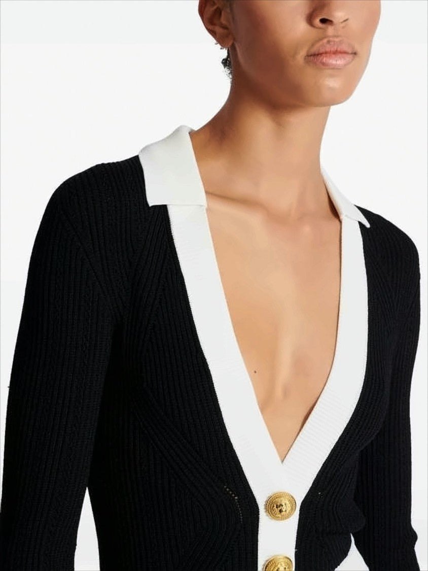 Balmain Ribbed Knit Midi Dress With Contrasting Collar