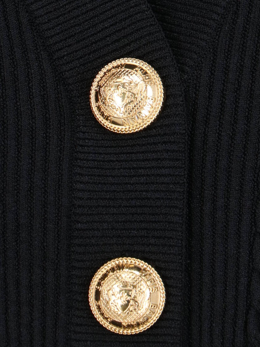Balmain Structured Shoulder Black V-Neck Cardigan With Decorative Buttons