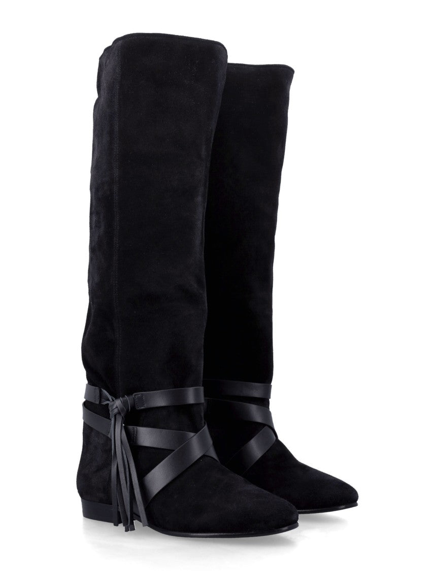 Isabel Marant Knee-High Black Suede Boots With Wraparound Leather Straps