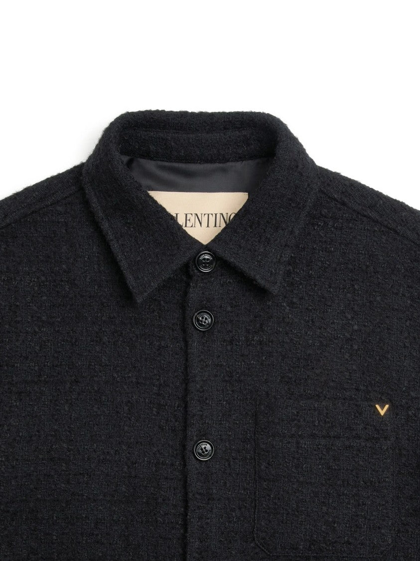 Valentino Textured Black Button-Up Jacket With Classic Collar And Subtle Logo