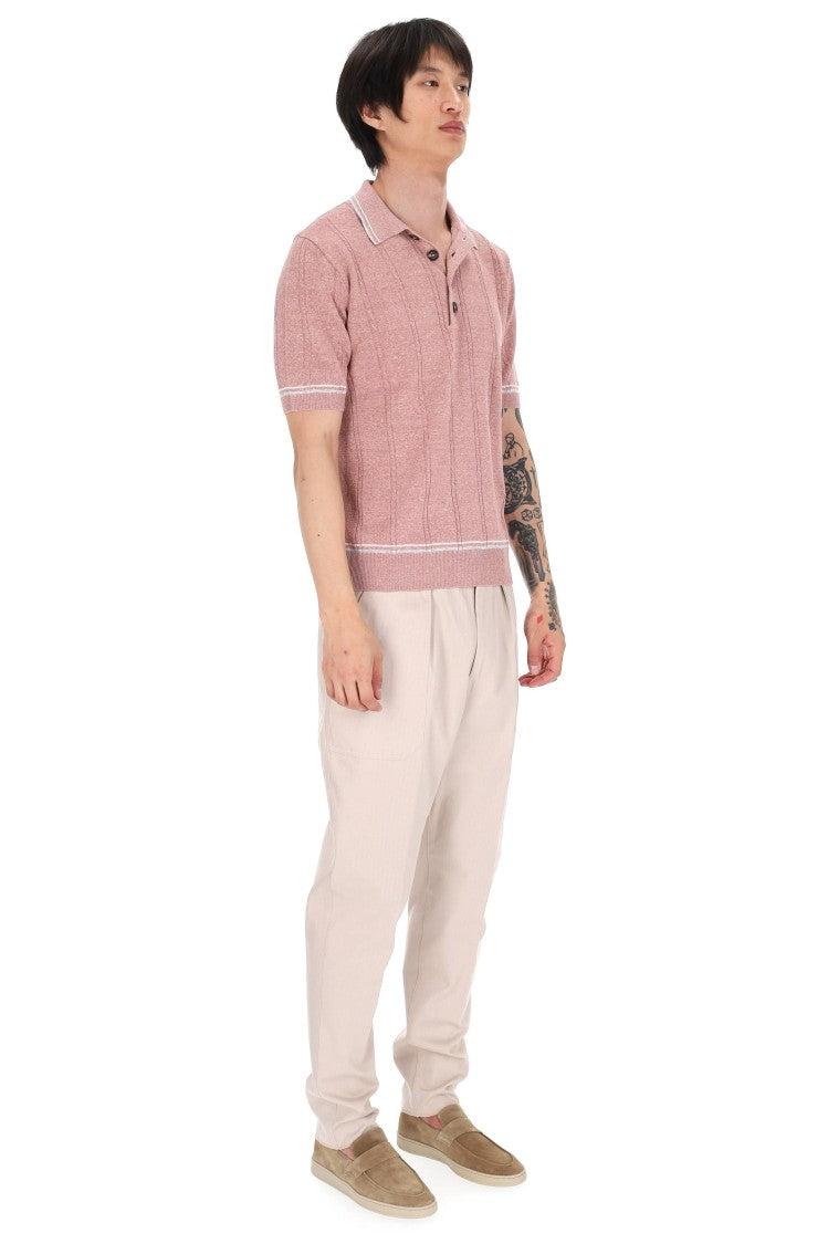 Eleventy Dusty Pink Cable-Knit Linen-Cotton Polo Shirt