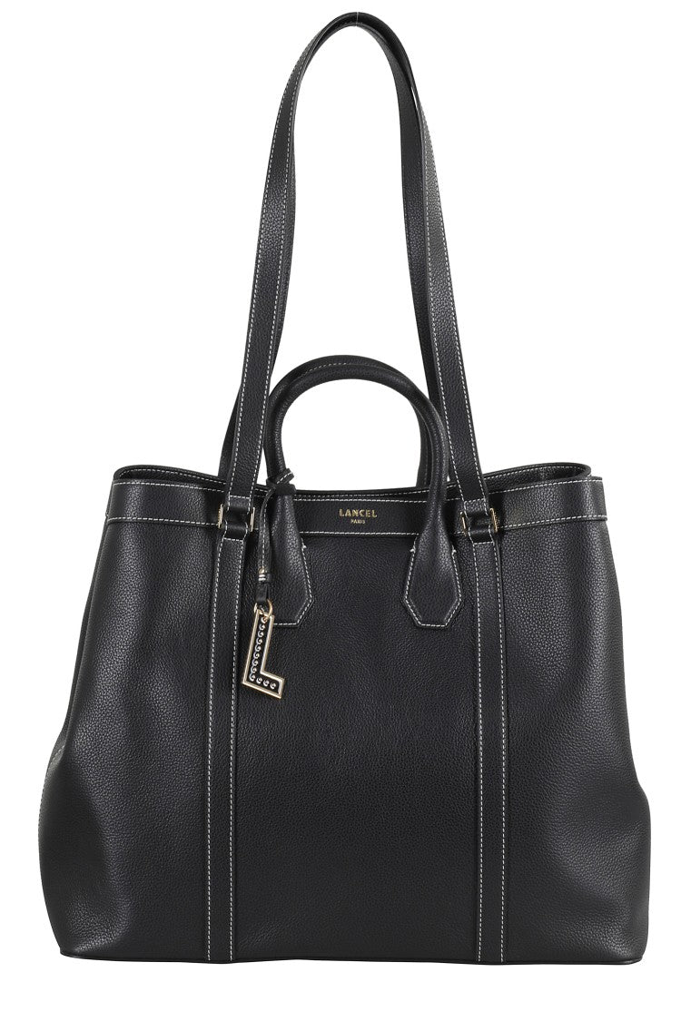 Lancel Spacious Black Leather Tote Bag With Four Handles