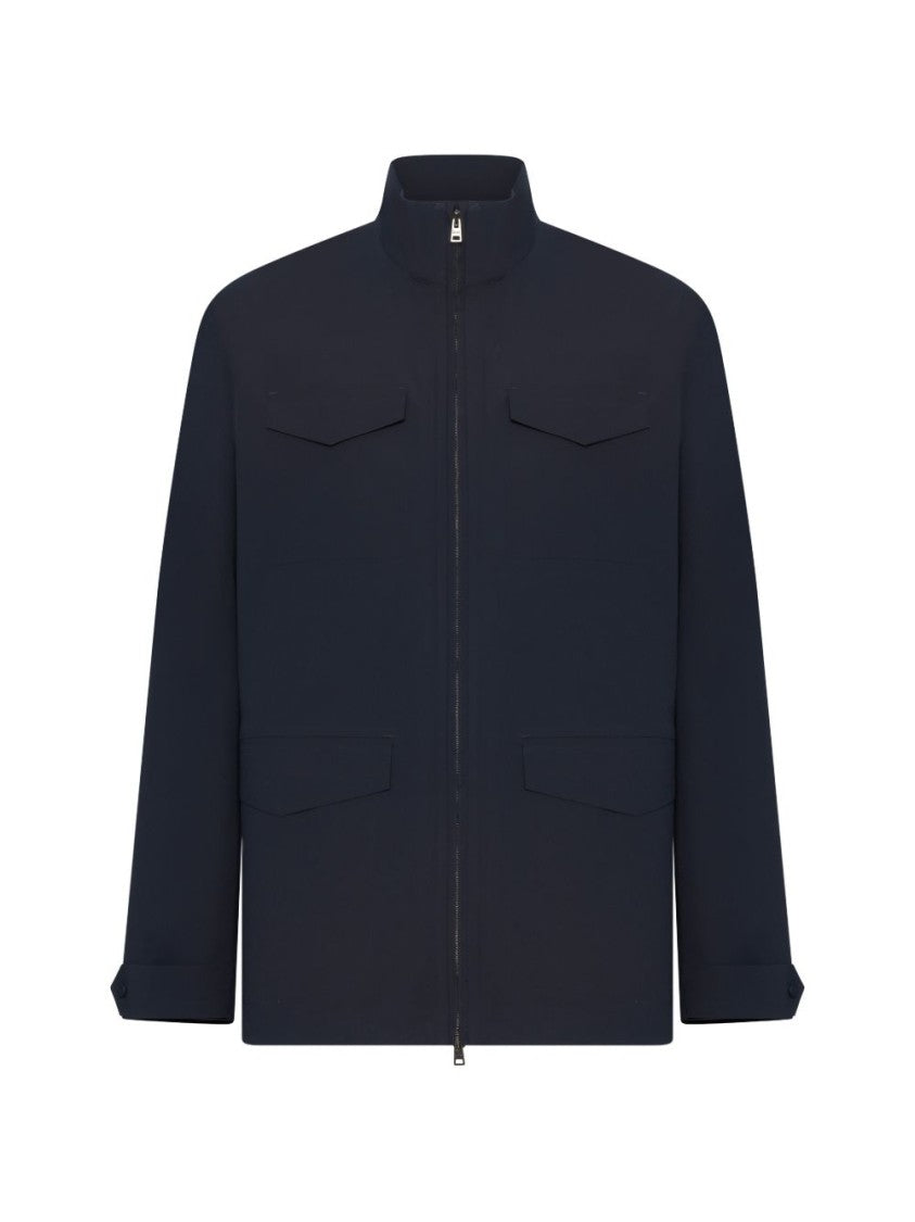 Herno Navy Blue Four-Pocket Zipped Stand Jacket
