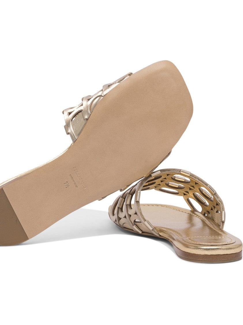 Ferragamo Gold Leather Sandals With Cut-Out Design