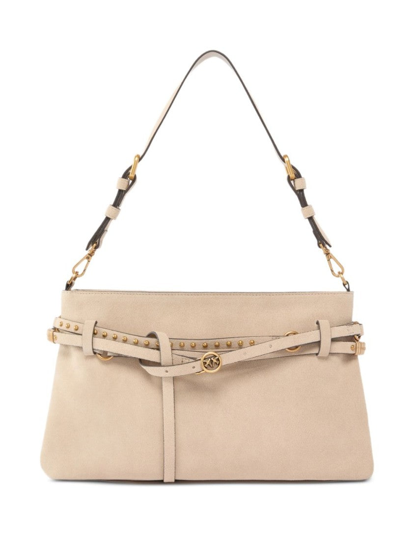Pinko Structured Beige Calf Leather Shoulder Bag With Gold Accents