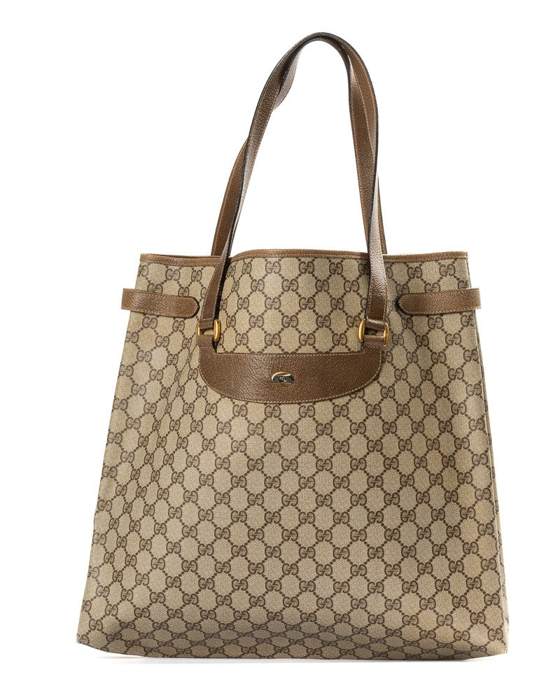 Gucci Large Vertical Shopper Tote In Gg Supreme Canvas With Leather Trim