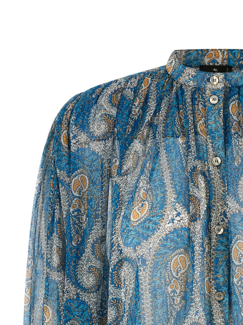 Etro Patterned Silk Georgette Shirt With Crinkled Shoulders And Wide Sleeves