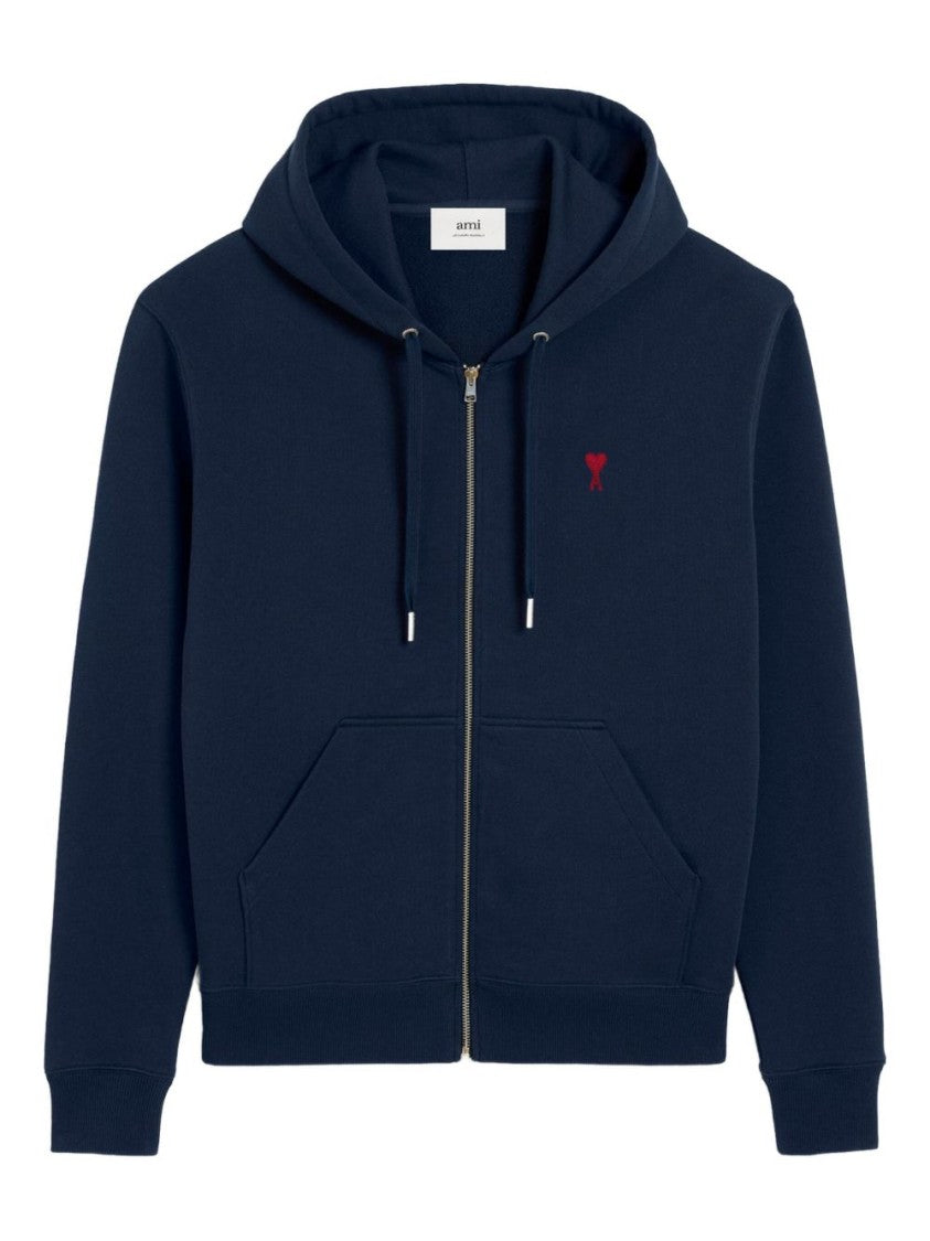 Ami Paris Navy Blue Zip-Up Hoodie With Drawstring And Embroidered Detail