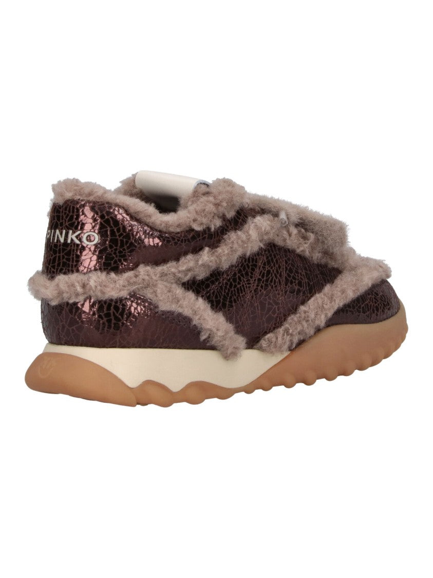 Pinko Brown Reby Shearling Calfskin Sneakers