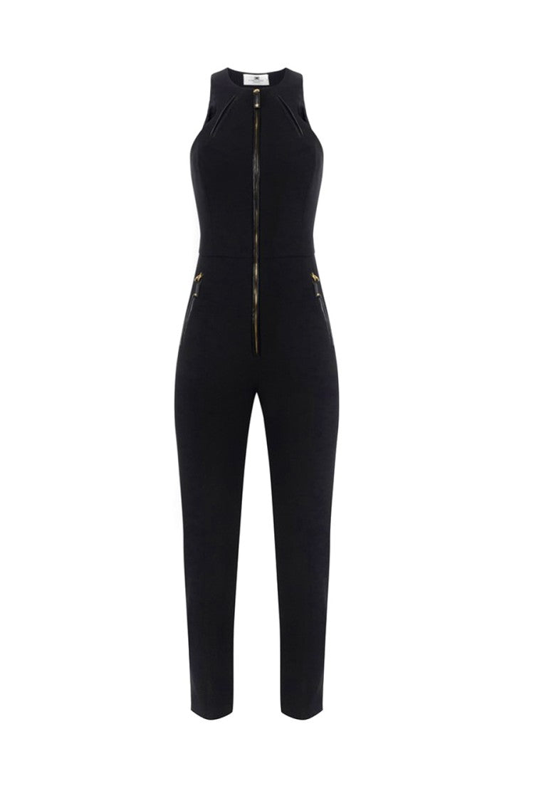 Elisabetta Franchi Black Sleeveless Zip-Front Polyester-Blend Jumpsuit