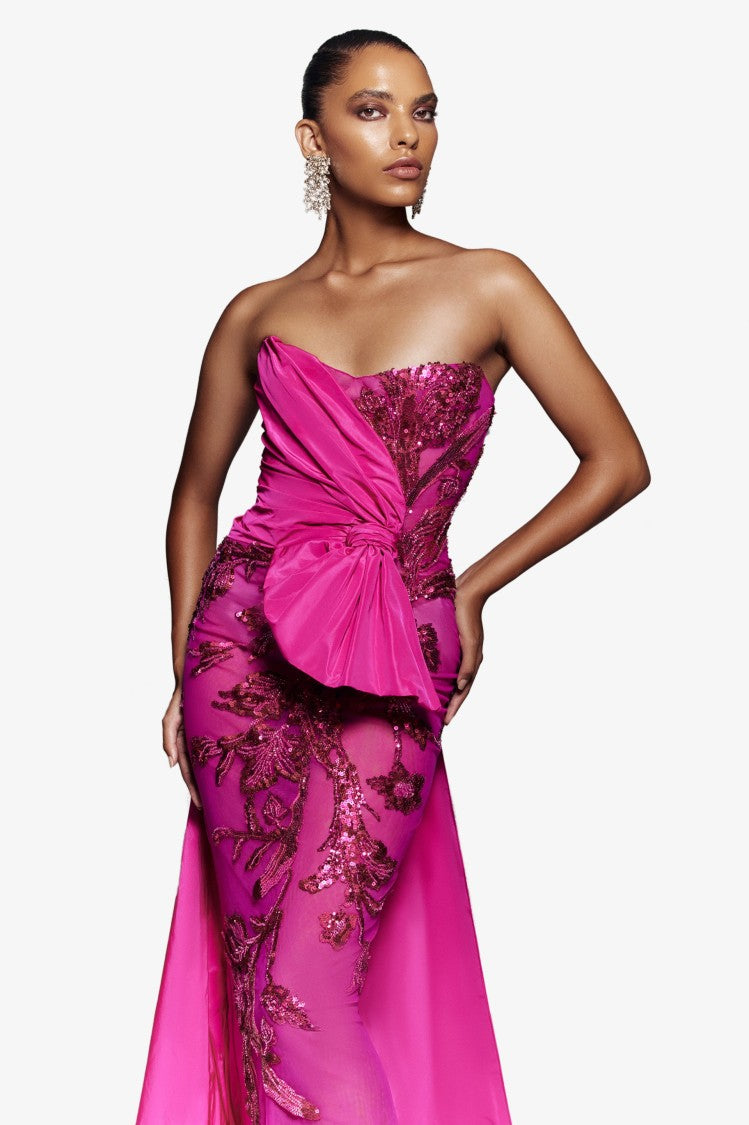 Saiid Kobeisy Tulle Strapless, Beaded Dress With A Taffeta Draping And Tail