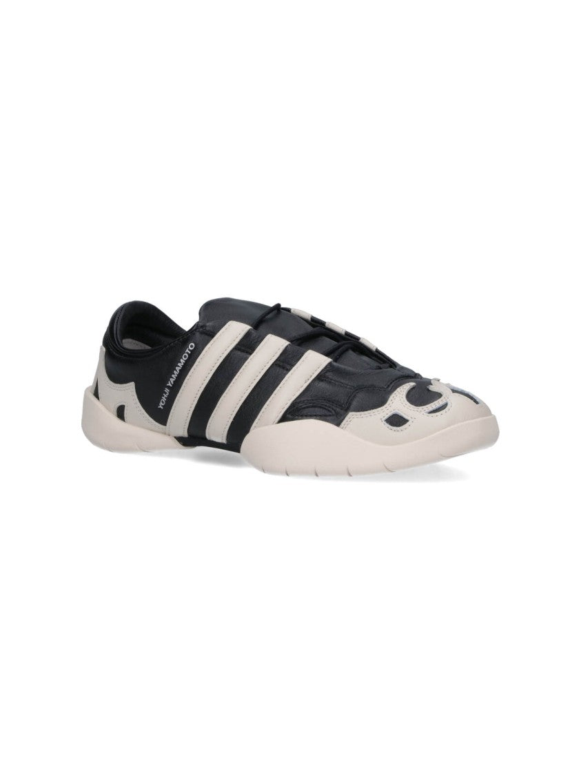 Y-3 Black Leather Sneakers With Cream Accents And Iconic Stripes