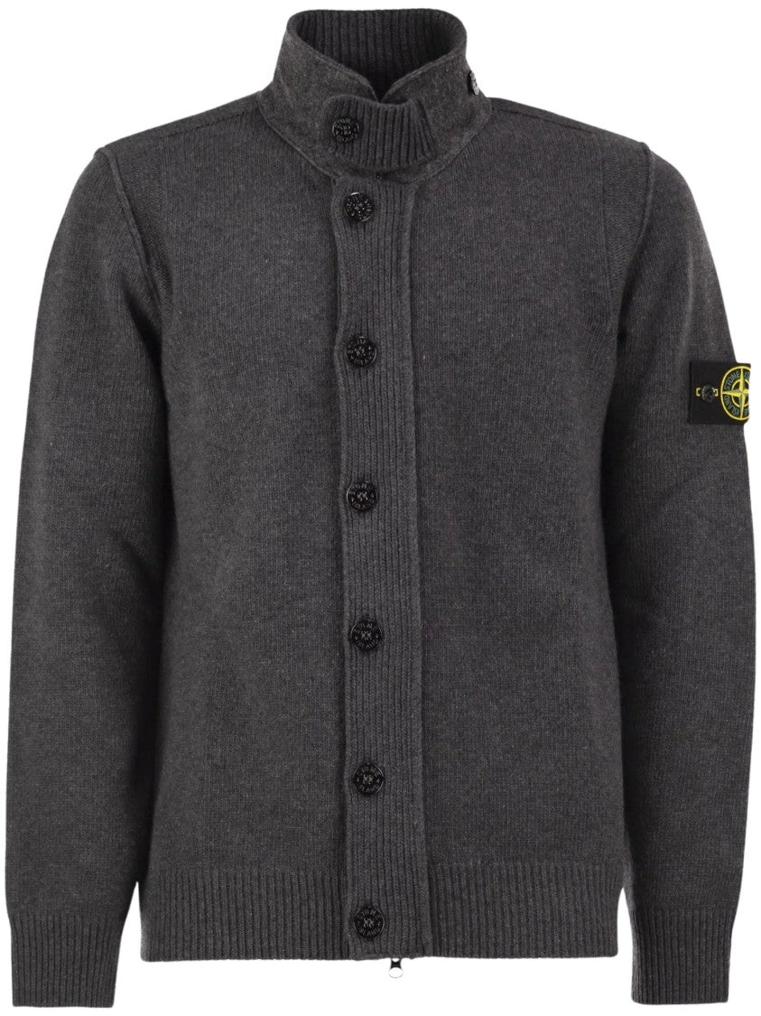 Stone Island Ribbed High-Collar Button-Up Sweater