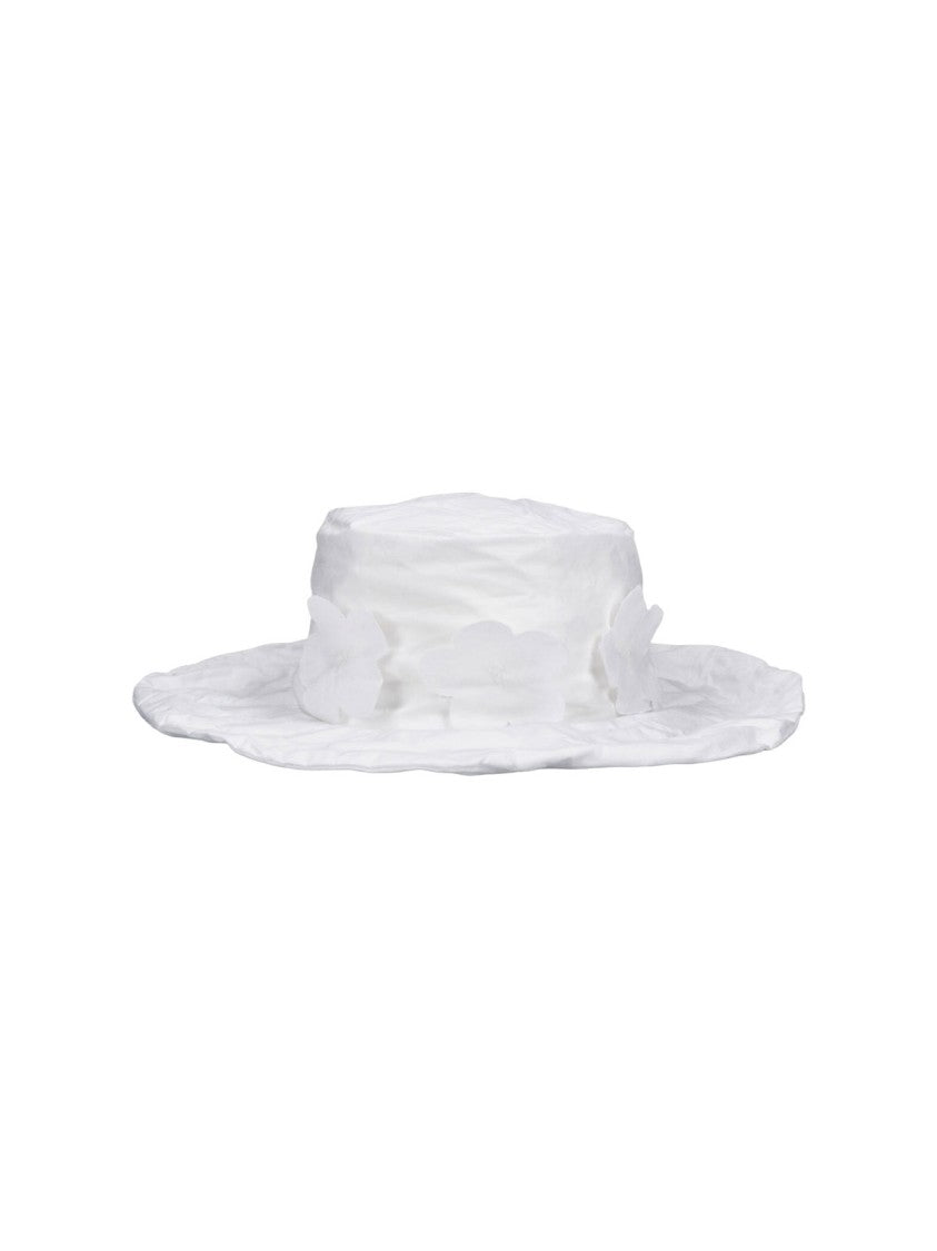 Scha White Wide-Brimmed Floral Appliqué Cotton Hat