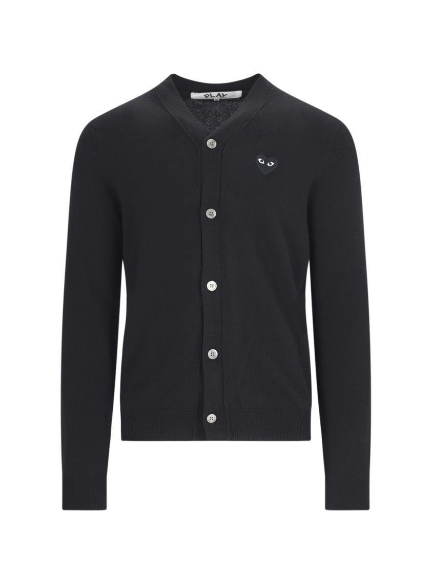 Comme Des Garçons V-Neck Logo Patch Black Wool Cardigan