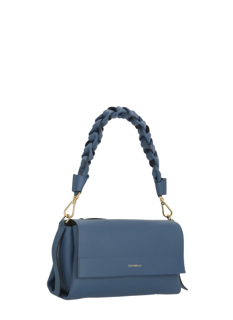 Coccinelle Blue Leather Shoulder Bag With Dual Straps And Iconic Logo