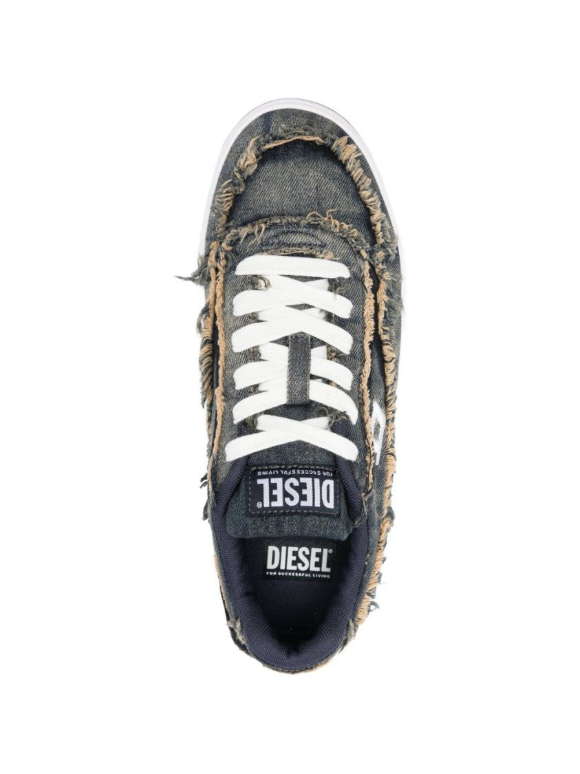 Diesel Blue Frayed Detail Lace Up Sneakers