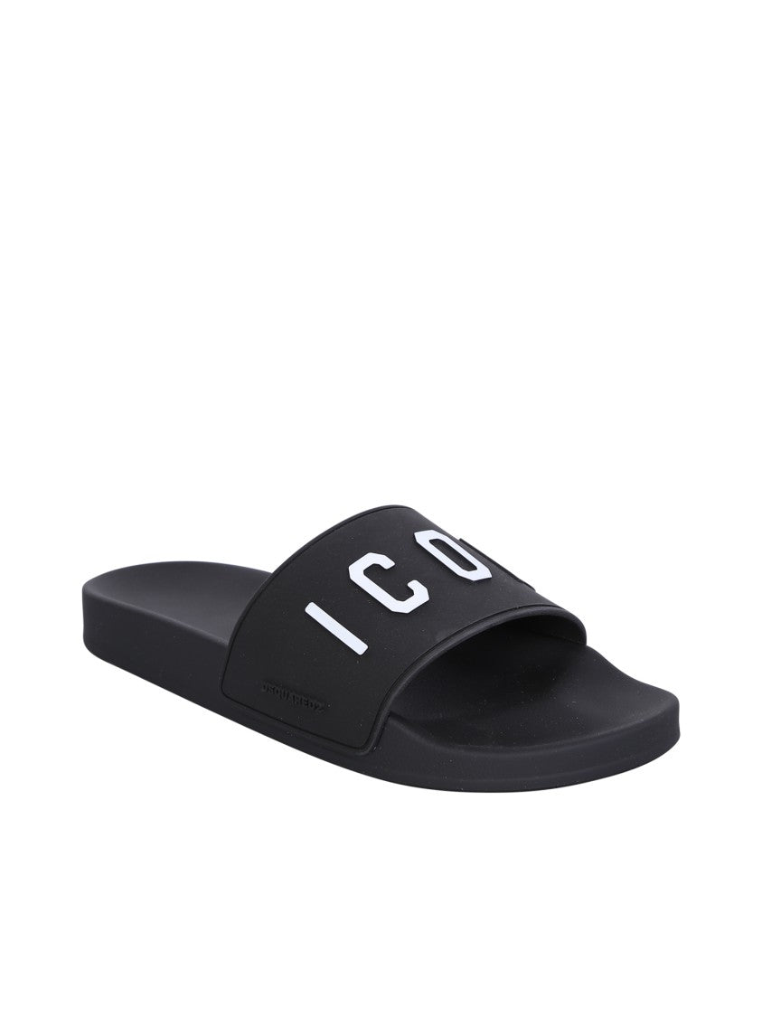 Dsquared2 Black Rubber Embossed Logo Pool Slides