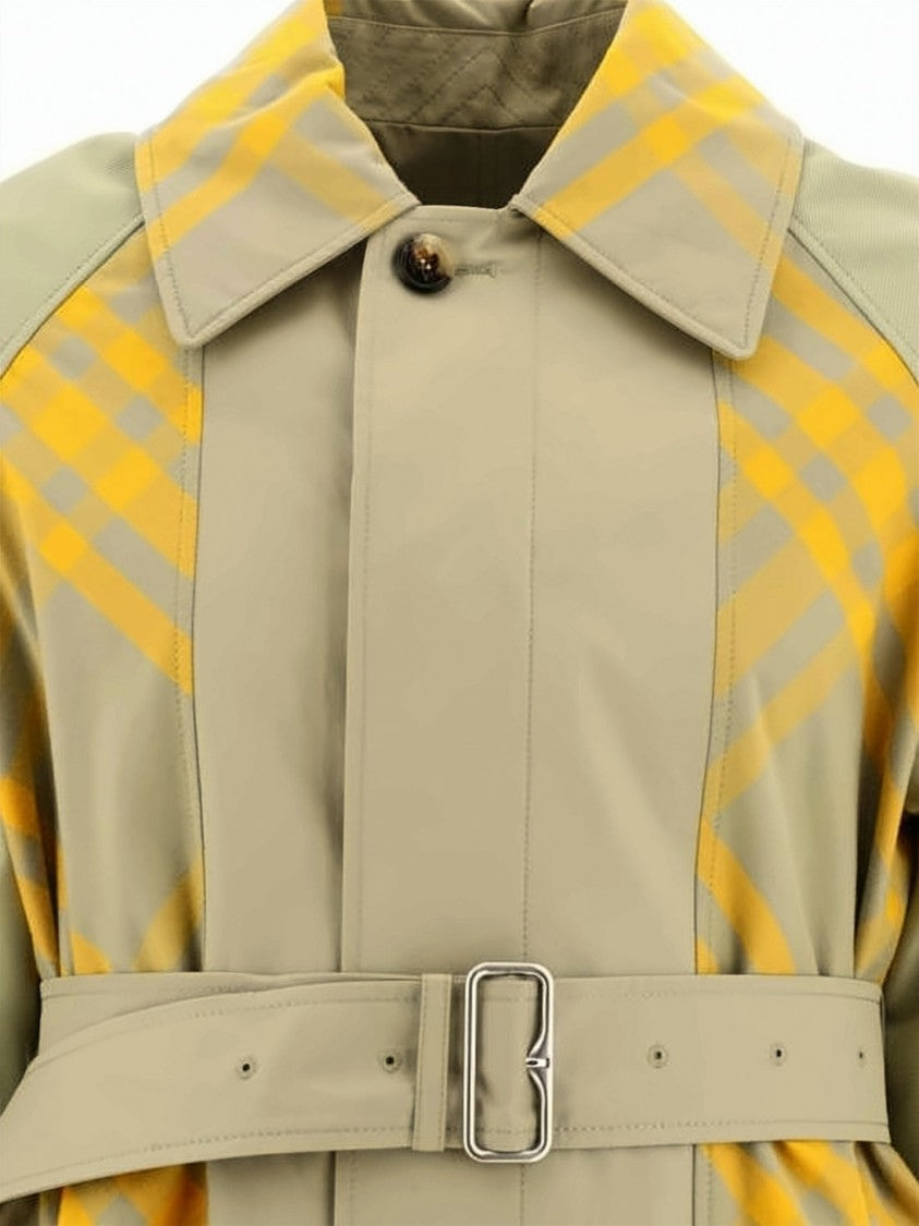 Burberry Belted Trench Coat With Plaid Sleeves