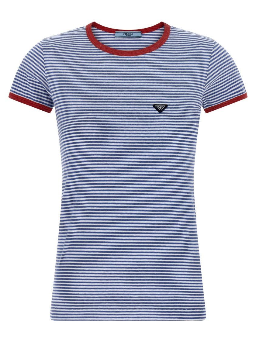 Prada Two-Tone Striped Cotton Jersey T-Shirt With Logo Patch