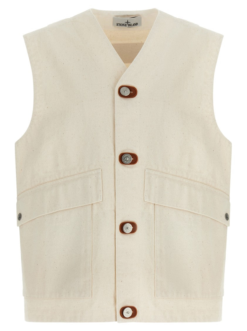 Stone Island Garment-Washed Cotton Gabardine Vest With V-Neck