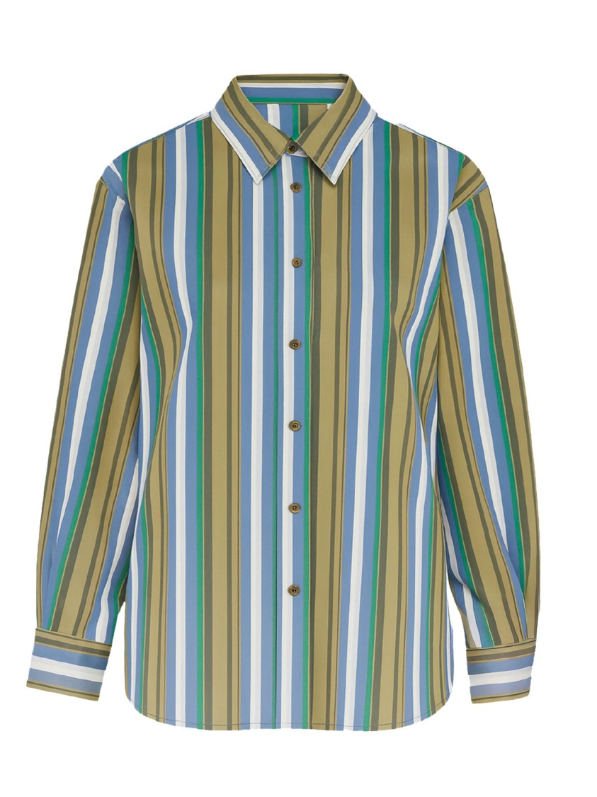 The Frankie Shop Green Striped Padded Shoulders Cotton Shirt