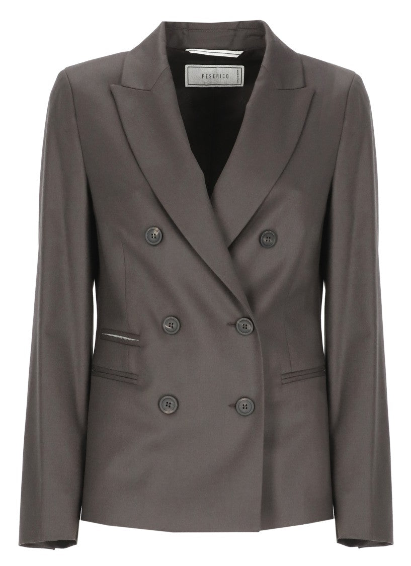 Peserico Brown Linen-Blend Double-Breasted Blazer