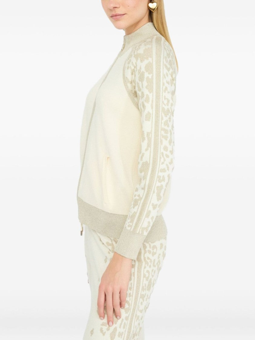 Liu Jo High Collar Zip-Up Sweater With Subtle Leopard Print Detail
