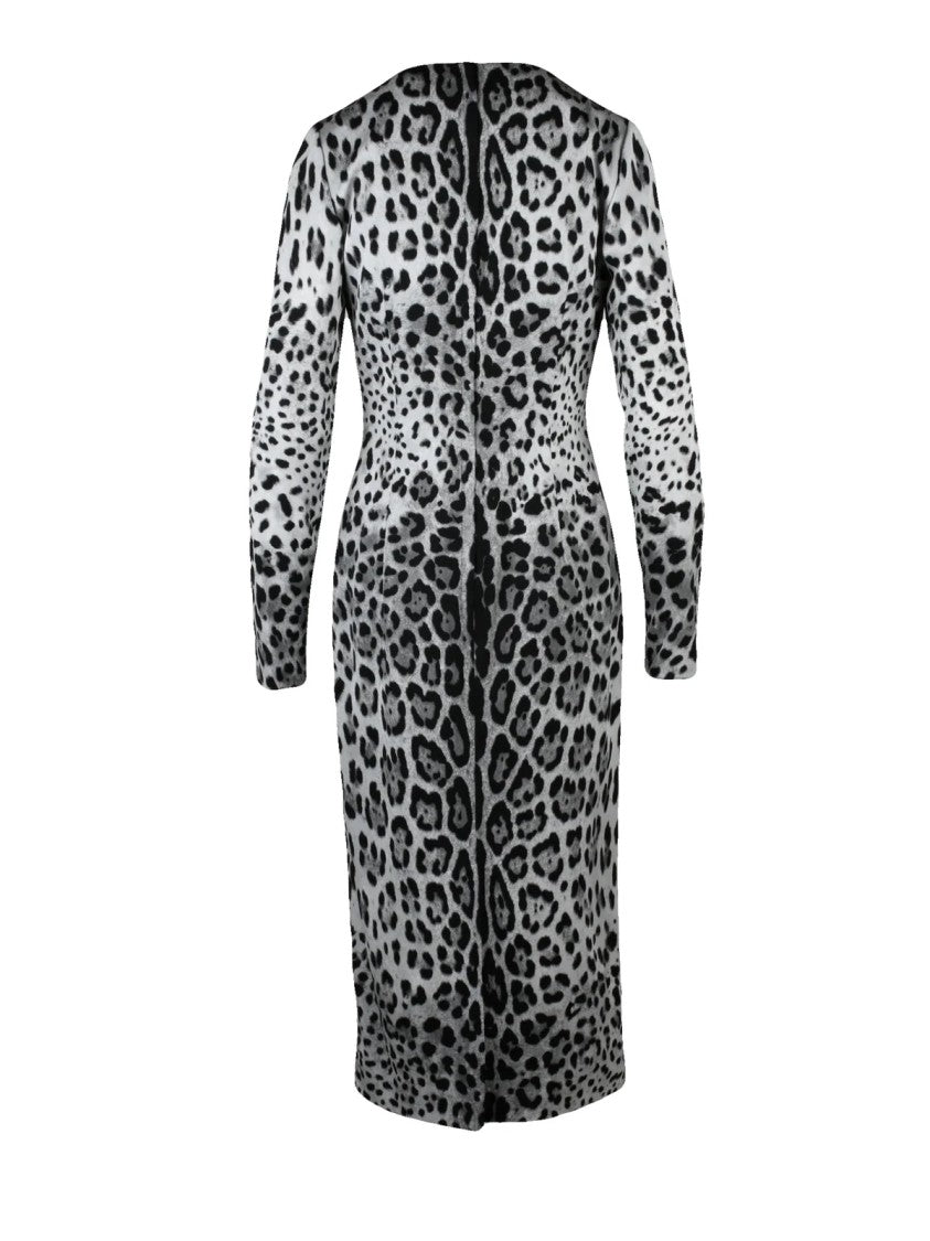 Dolce & Gabbana Amphora Silhouette Long Dress In Black And White Animal Print