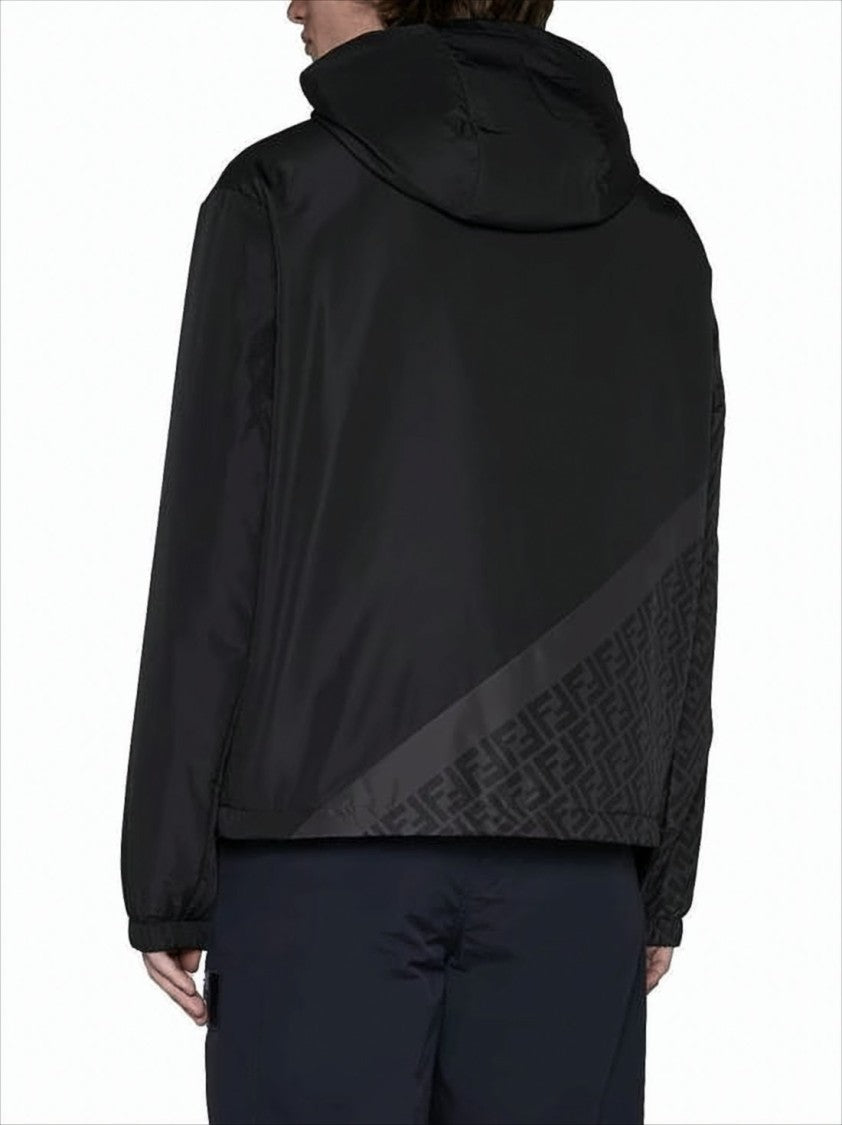 Fendi Hooded Black Jacket With Tonal Pattern