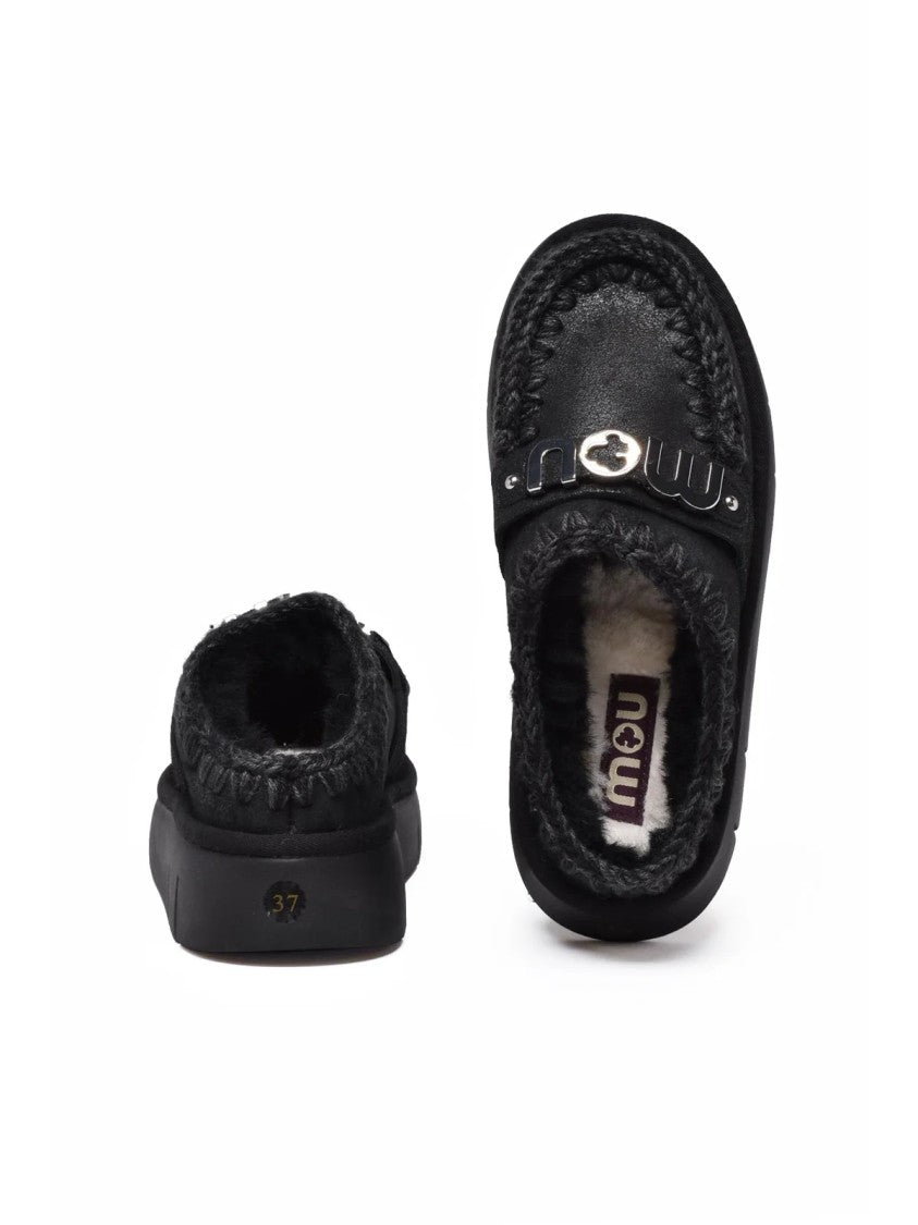 Mou Black Leather Buckle Clogs