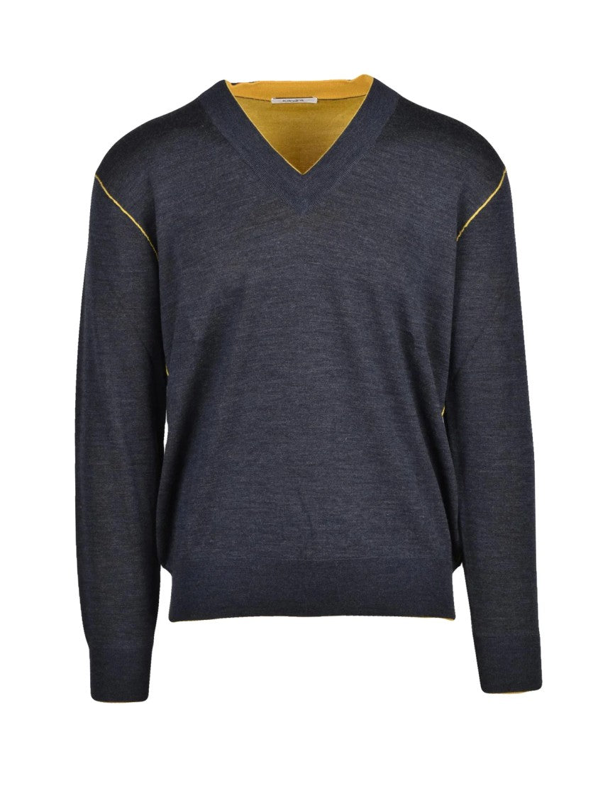 Kangra V-Neck Pullover In Deep Charcoal With Mustard Accents