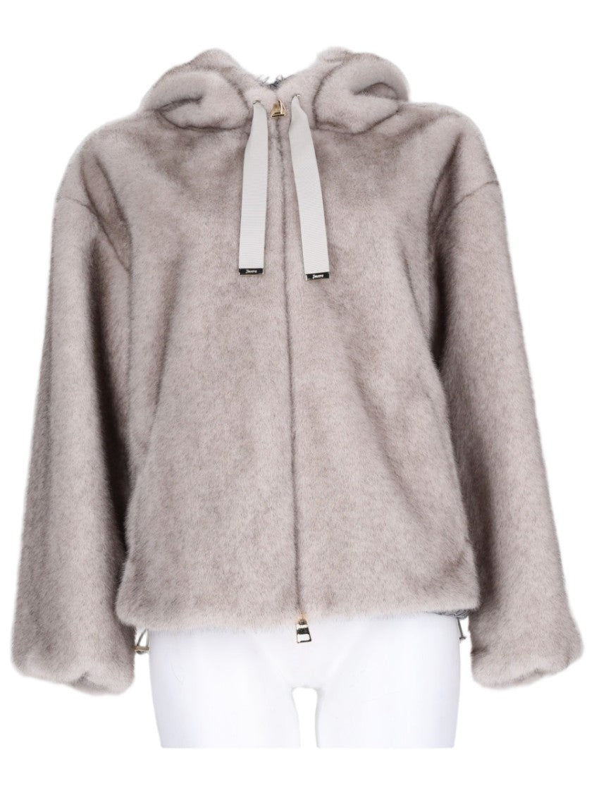 Herno Eco-Fur Bomber Jacket With Hood And Ribbon Drawstrings