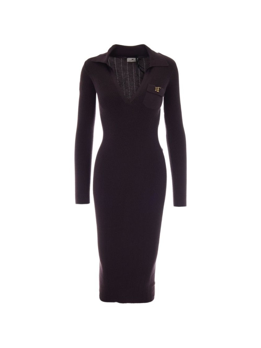 Elisabetta Franchi Black Fitted Ribbed Deep V-Neck Dress